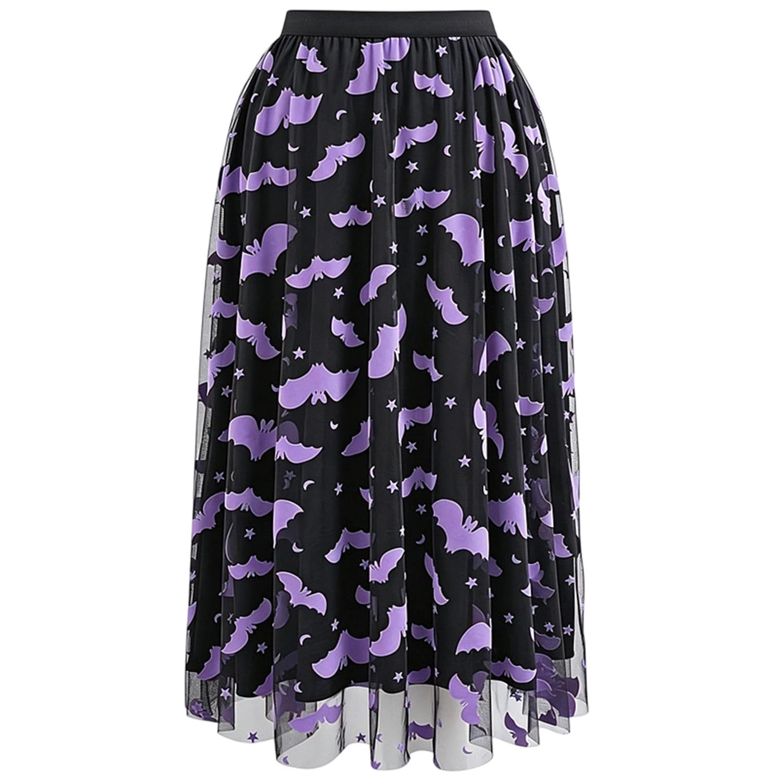 Women s Halloween Print Mesh Maxi Skirt with Elastic Waist for Party Costume L чёрный