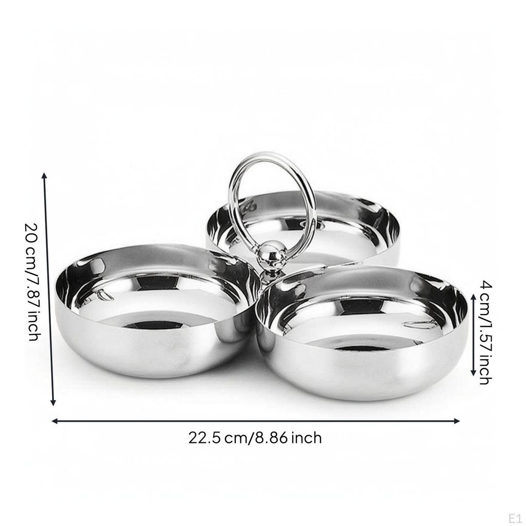 Triple Snack Bowl with Handle Stainless Steel 3Compartment Server Silver