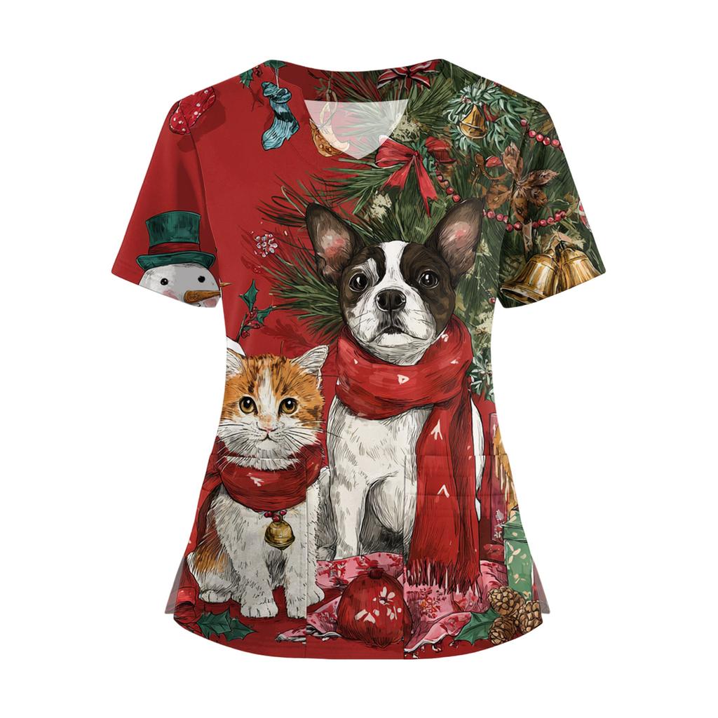 Damski T-shirt z krótkim rękawem z nadrukiem świątecznym, dekoltem w serek, zapinany na guziki z rozcięciem z boku