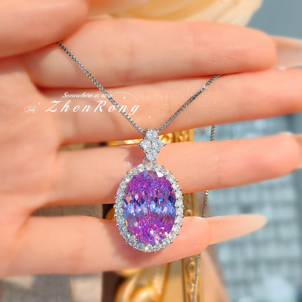 Foydjew Luxury Oval Ice Flower Cut Purple/Orange Cubic Zirconia Pendant Necklaces Earrings Rings Wedding Zircon Sets For Women