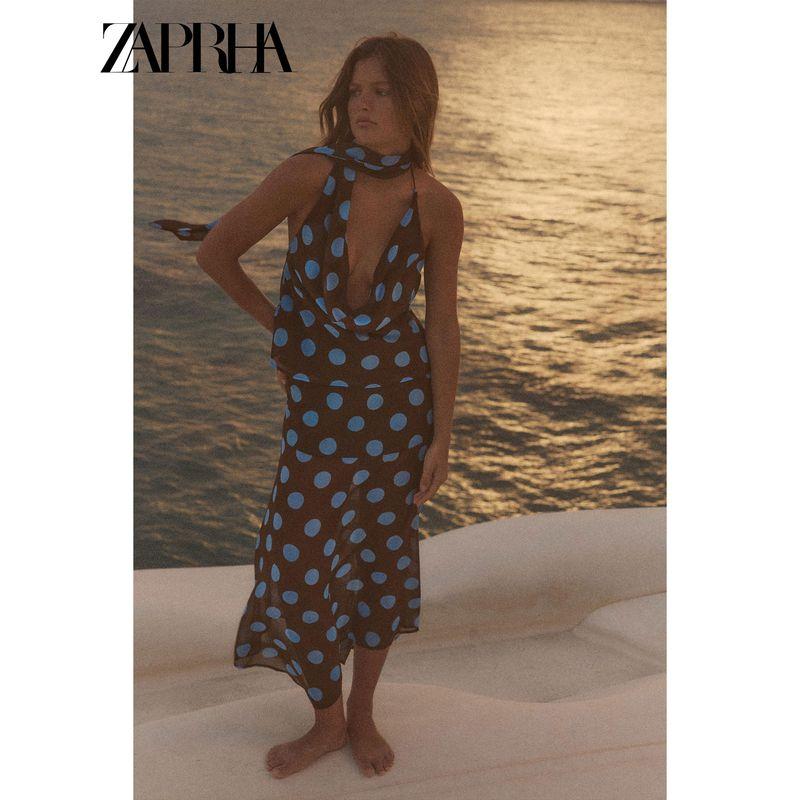 Zaprha 2025 New Sexy Seaside Holiday Style Thin Scarf Ribbon Polka Dot Hanging Neck Top Women 3756352