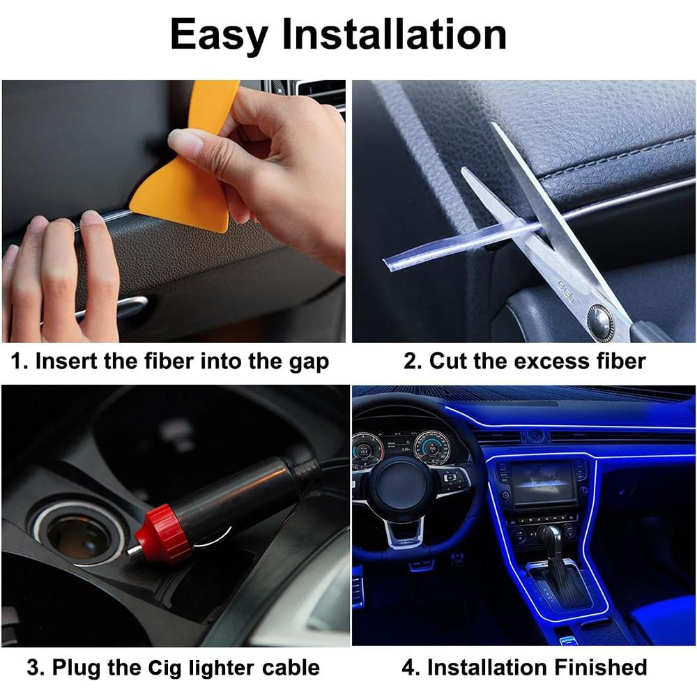 Cold Light EL Wire Interior Car LED Strip Lights, 197 Inch Neon Glowing El Wire Lights Ambient Lighting Kits for Car Decorations