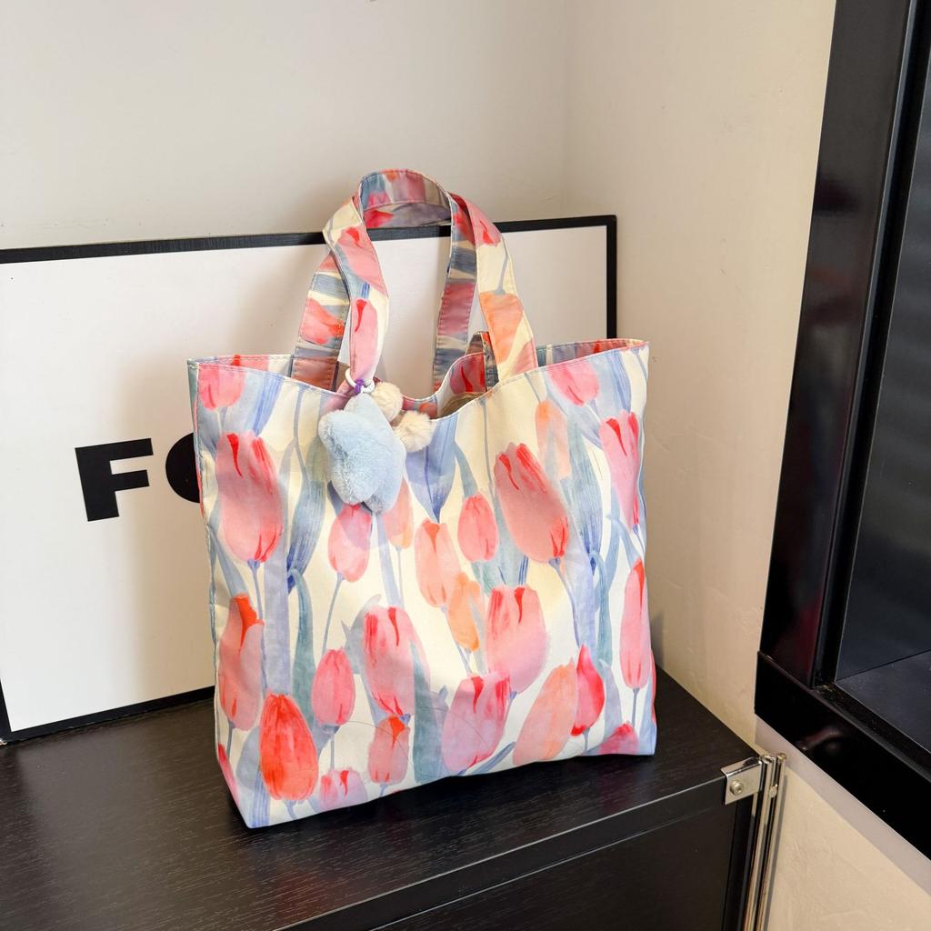Floral Large Capacity Shoulder Bags for Women Casual Commuter Ladies Shopping Bag with Pendant Students Girls Handbags Tote