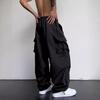 Men Casual Cargo Pants Hip Hop Baggy Trousers with Pockets Low-Rise Elastic Waist Drawstring
