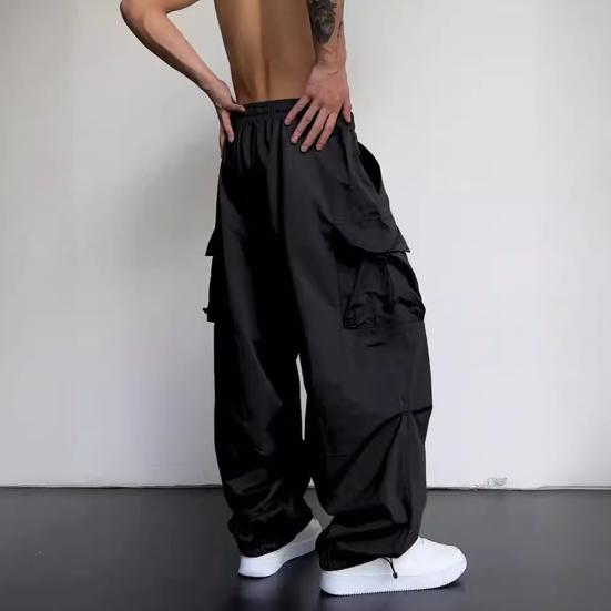 Men Casual Cargo Pants Hip Hop Baggy Trousers with Pockets Low-Rise Elastic Waist Drawstring