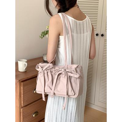 Lightweight Casual Nylon Shoulder Bag Unique Fresh Gentle Bow Design Travel Bag Solid Color Soft Large Capacity Women's Tote Bag