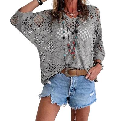 Women Knitting Tops V-Neck 3/4 Sleeve Hollow Knitted Design Pullover Tops Solid Color Loose Fit Cover Up Tops