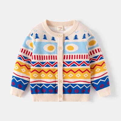Kid Spring Fall Jacket Knitted Cardigan Sweater Multicolour Rhombus Children Clothes Baby Knitwear Double-layer Cotton Outerwear