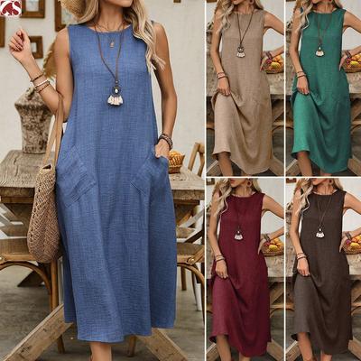 Women's Summer Casual Sleeveless Cotton Linen Maxi Length Dress Tunic Crew Neck Tank Solid Beach Dress with Pockets