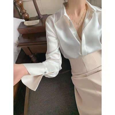 Camisas Vintage Negras de Mujer Satén Botón Blusas Manga Larga Elegantes Ropa de Oficina para Damas Ropa Femenina Tops Moda Coreana