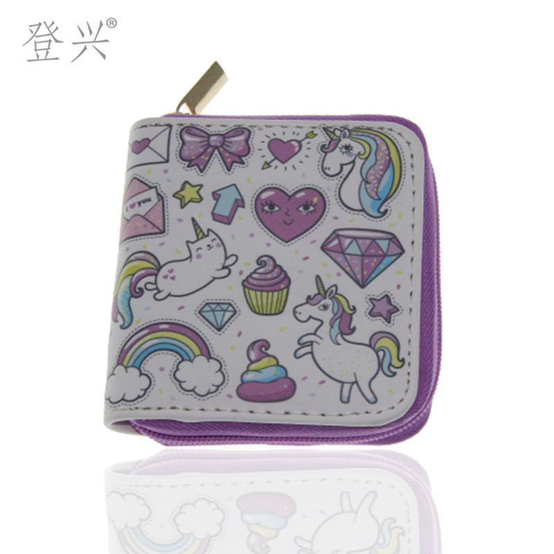 New unicorn cartoon PU short small wallet, printed children's bag card bag
