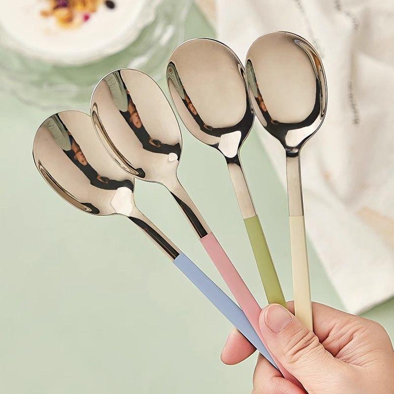 2Pcs 410 Stainless Steel Luxury 4 Color Handle Spoon For Family Dinner Tableware Restaurant Flatware Soup Ladle
