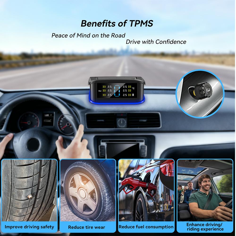 Monitoring system security alarm solar TPMS digital LCD display truck RV TPMS with indicator light warning car tire pressure alarm 6 external sensors