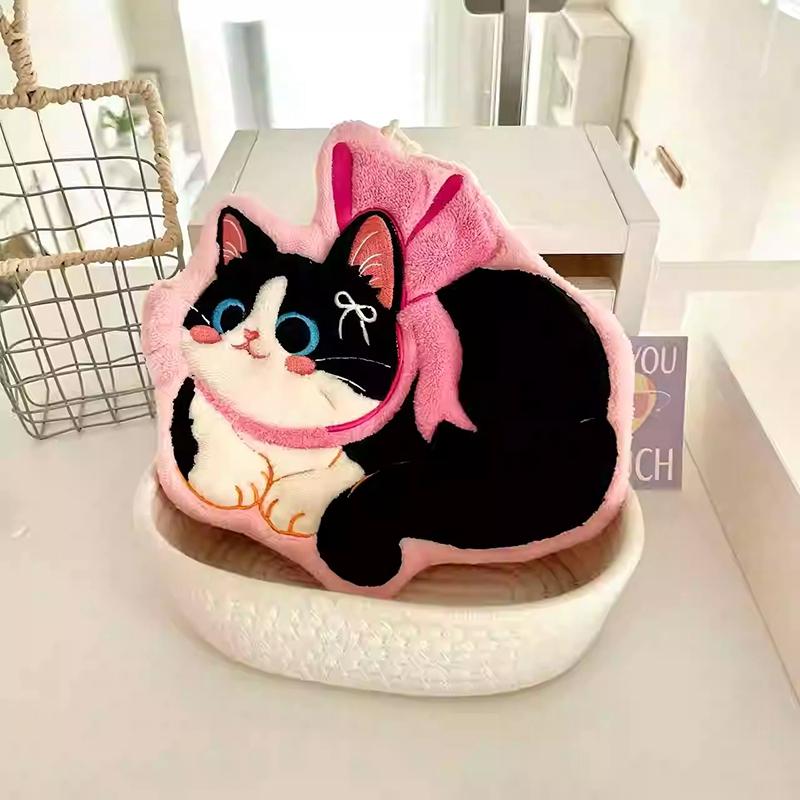 Cartoon Bow Black Cat Hand Towel Cute And Lucky Cat Plush Absorbent Towel Black Cat Strong Absorbent Hand Towel