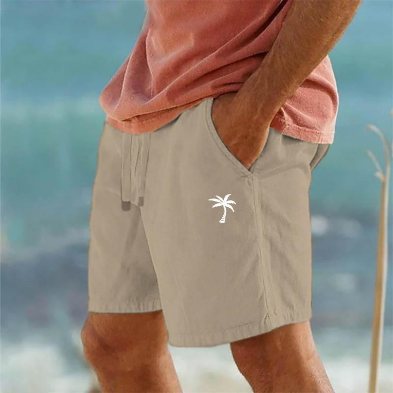 Cross-border New Coconut Printed Linen Shorts Drawstring Elastic Waist Solid Color Breathable Beach Five-point Casual Pants