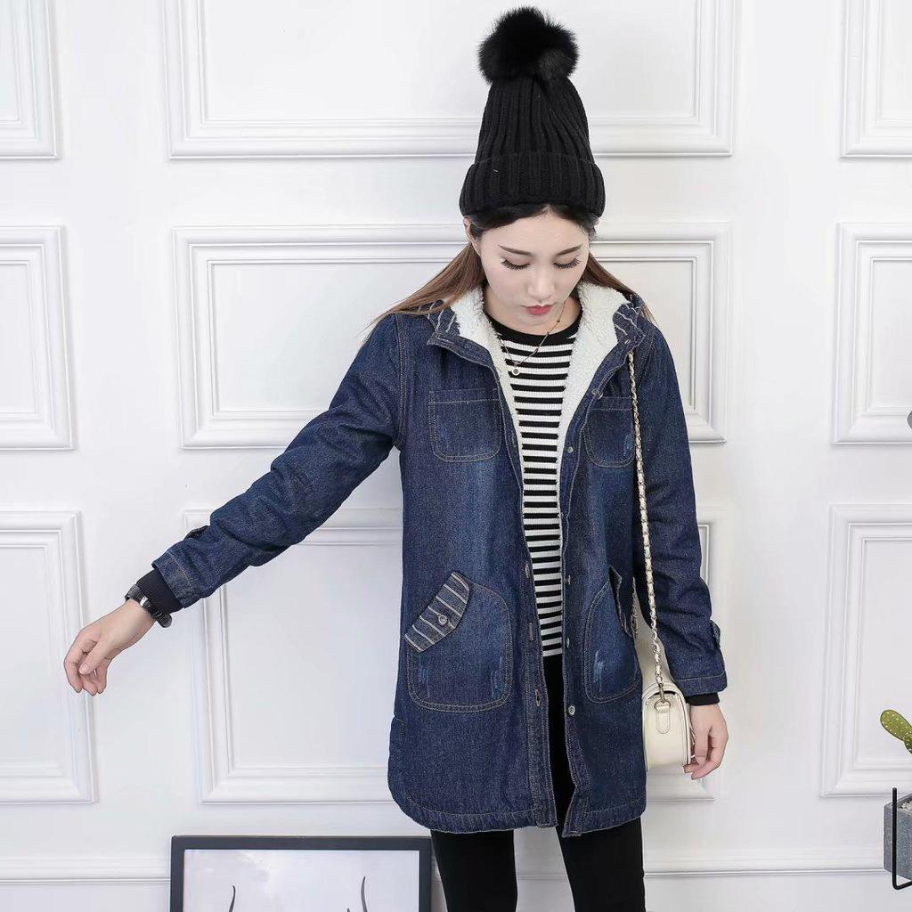 Women's Plus Size Hooded Denim Cotton Coat with Fleece Lining - Korean Style, Mid-Length, for Autumn and Winter.