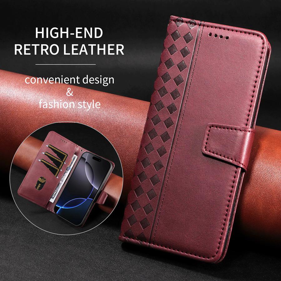 Vintage Embossed Checkered Wallet Case for iPhone/Samsung/Xiaomi 3 Card Slots & Thumb Slot | Cash Pocket Kickstand Phone Case Cover
