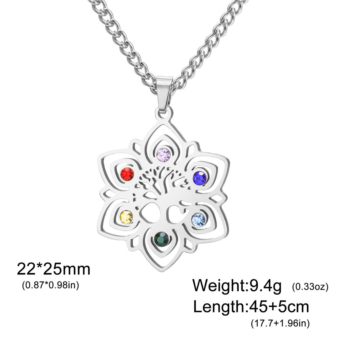 EUEAVAN Yoga Chakra Lotus Necklaces Stainless Steel Colorful Zircon Tree of Life Necklace for Women Buddhist Spiritual Jewelry