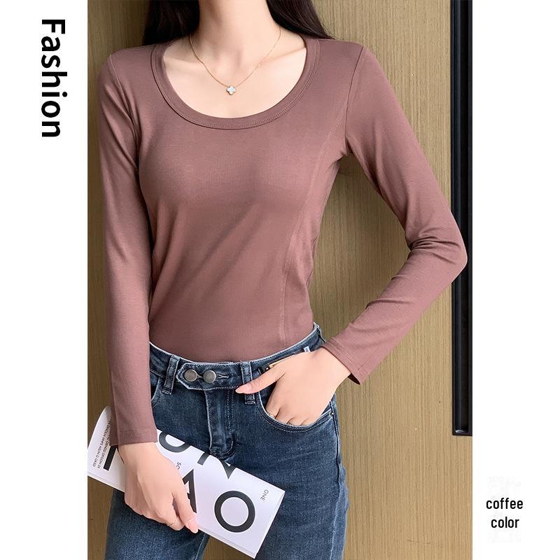 

Женская облегающая футболка с длинным рукавом и боковой талией - шикарный круглый вырез для весны и осени Extra Large кофейный