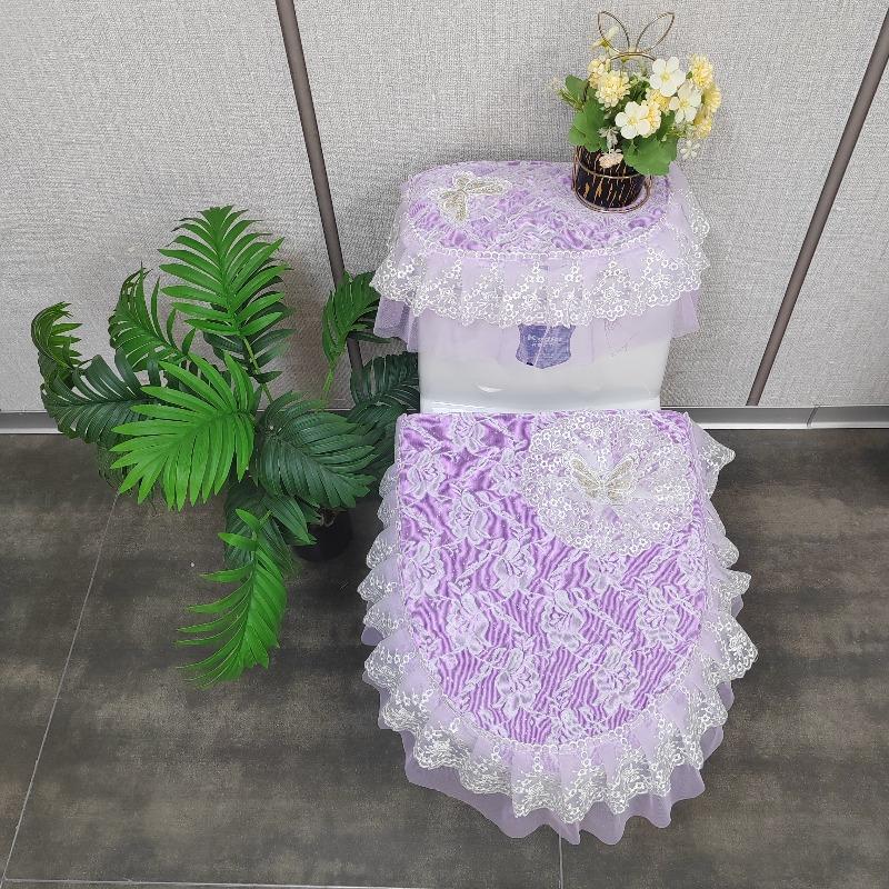 

Lace Butterfly Embroidered Closestool Toile Seat Cushion Purple Toilet Three Piece Set Zipper Style Anti Slip Dustproof Toilet Cover 3pcs фіолетовий