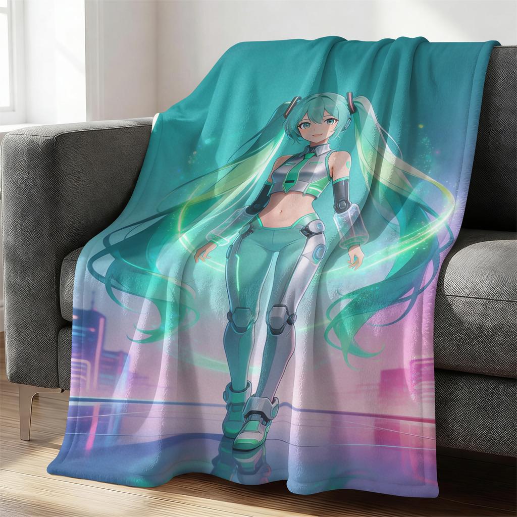 Hatsune Miku Pastel Chibi Print Flannel Throw Blanket Bedroom Decor Cute Anime Nap Blanket Air Conditioner Throw Sofa Throw Cove