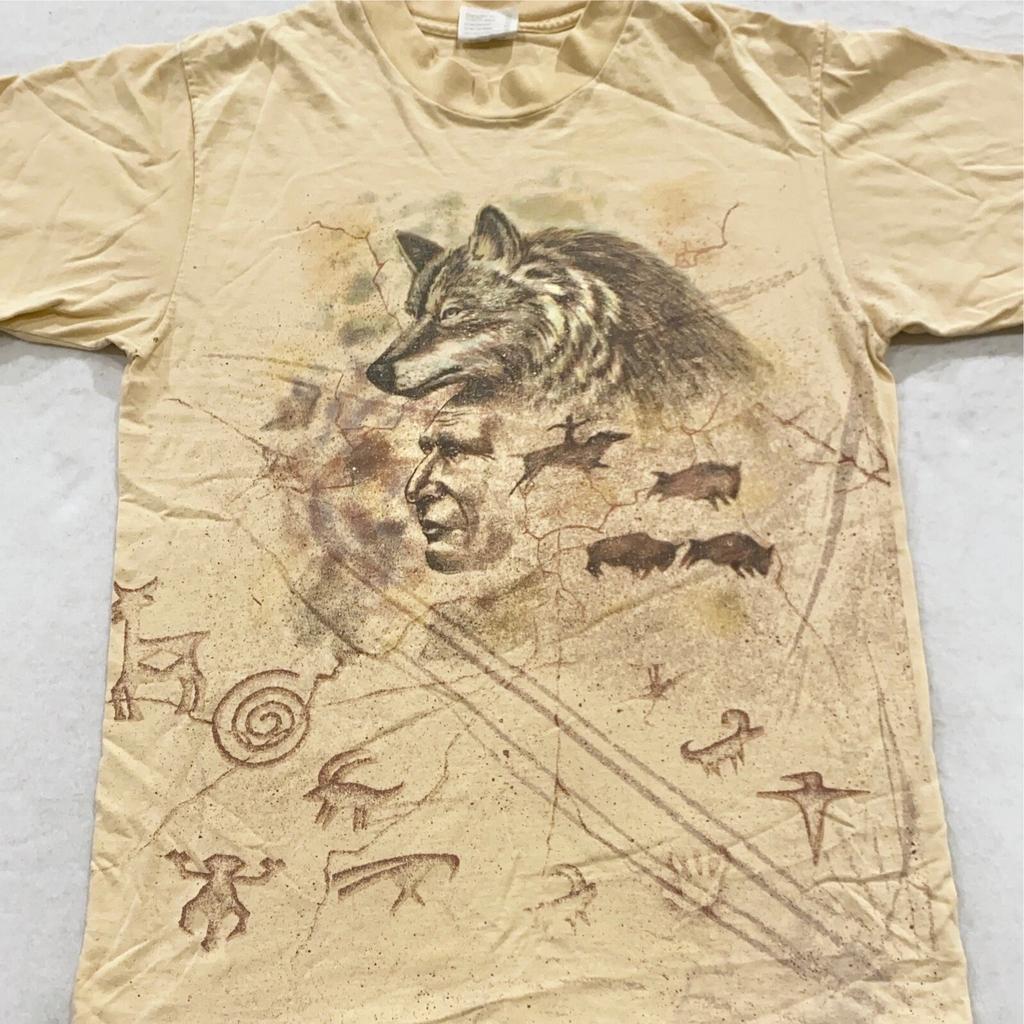 T-shirt vintage anni '90 NATIVE AMERICAN WOLF PETROGLYPH MEDIA arte bufalo natura