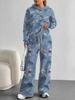 European, American autumn and winter blue splicing flower casual long-sleeved suit women's hooded sweater trousers two-piece set