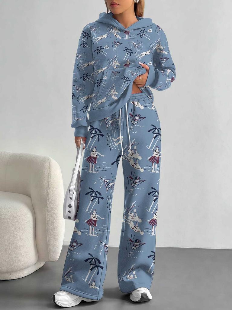 European, American autumn and winter blue splicing flower casual long-sleeved suit women's hooded sweater trousers two-piece set
