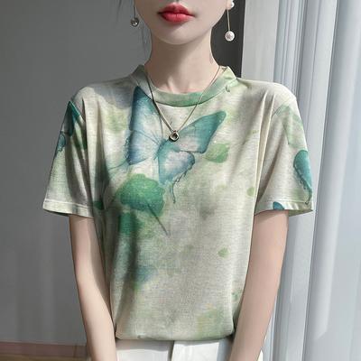 Frühlings- und Sommermode Gerendeter Bedruckter Kurzarm Lockerer Lässiger Strickpullover Dünnes Tencel Halbarm