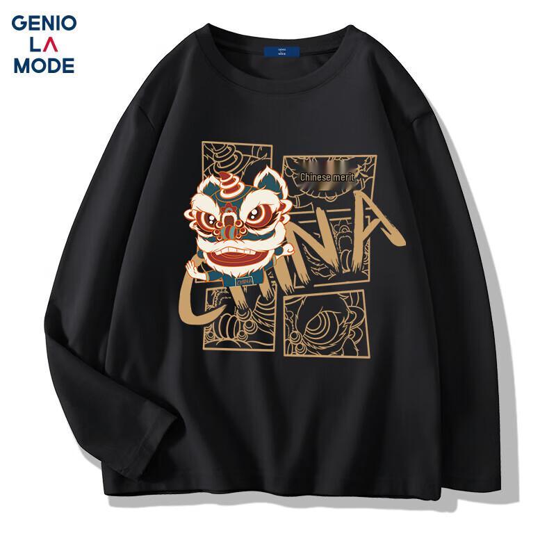 GENIOLAMODE Men's Chinese Trend Lion Dance Print Long Sleeve T-Shirt