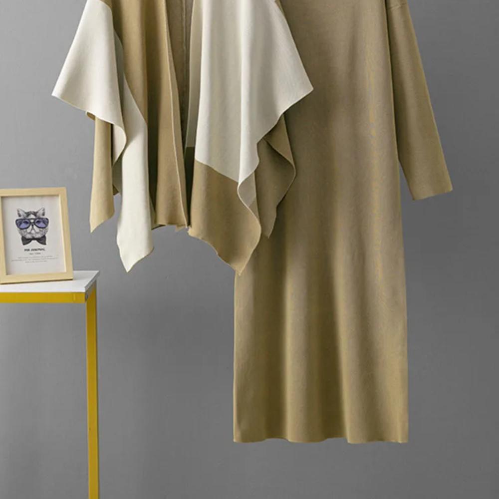 Koreanisches Design Gestrickte 2-teilige Sets Damen O-Ausschnitt Strickwaren Einfarbig Pullover Kleid Conjuntos Herbst Winter Casual Schal Outfit