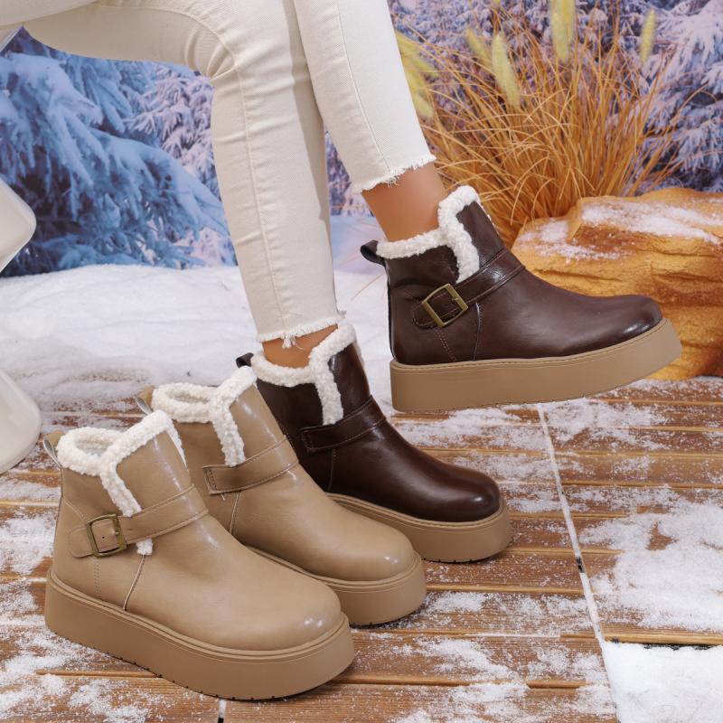 Thick Bottom Waterproof Pu Snow Boots Women 2025 Winter Metal Buckle Chunky Platform Furry Ankle Boots Warm Plush Casual Shoes