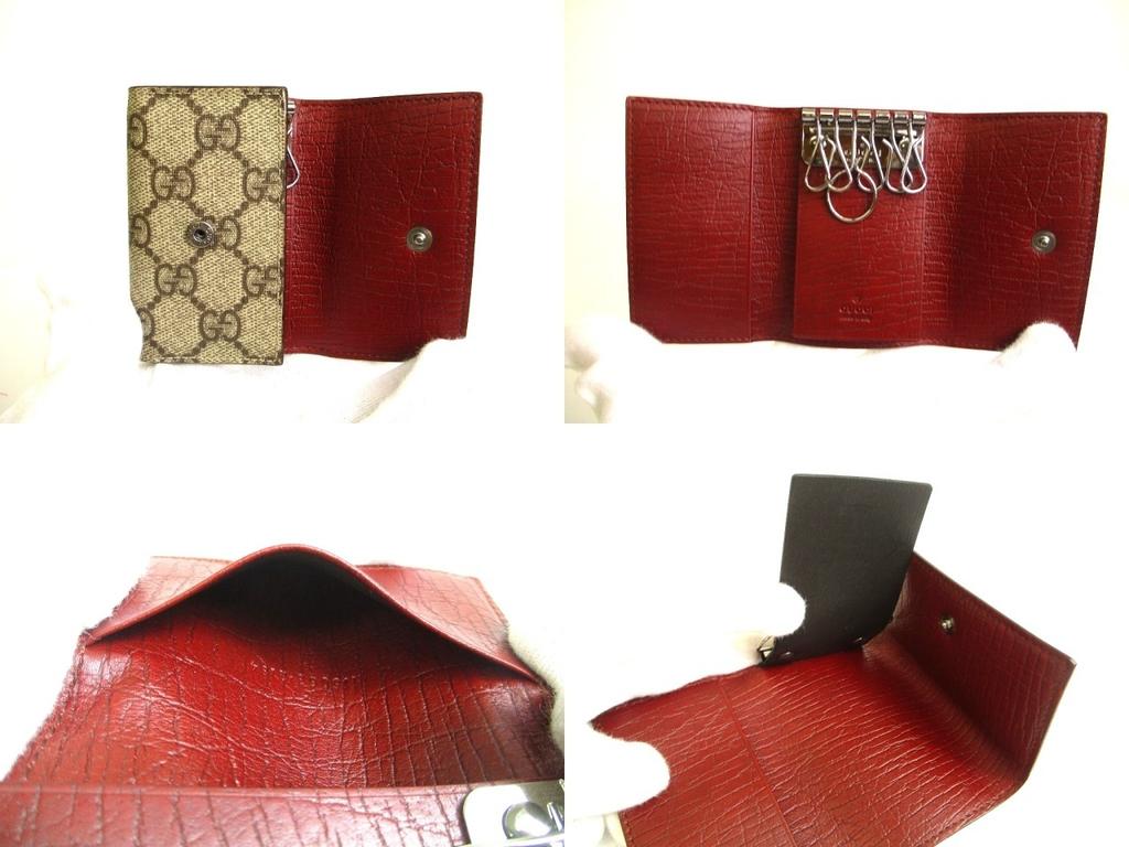 Auténtico Lona Recubierta GG GUCCI Cuero Rojo Vino 6 Fotos Llavero #815 Reformado