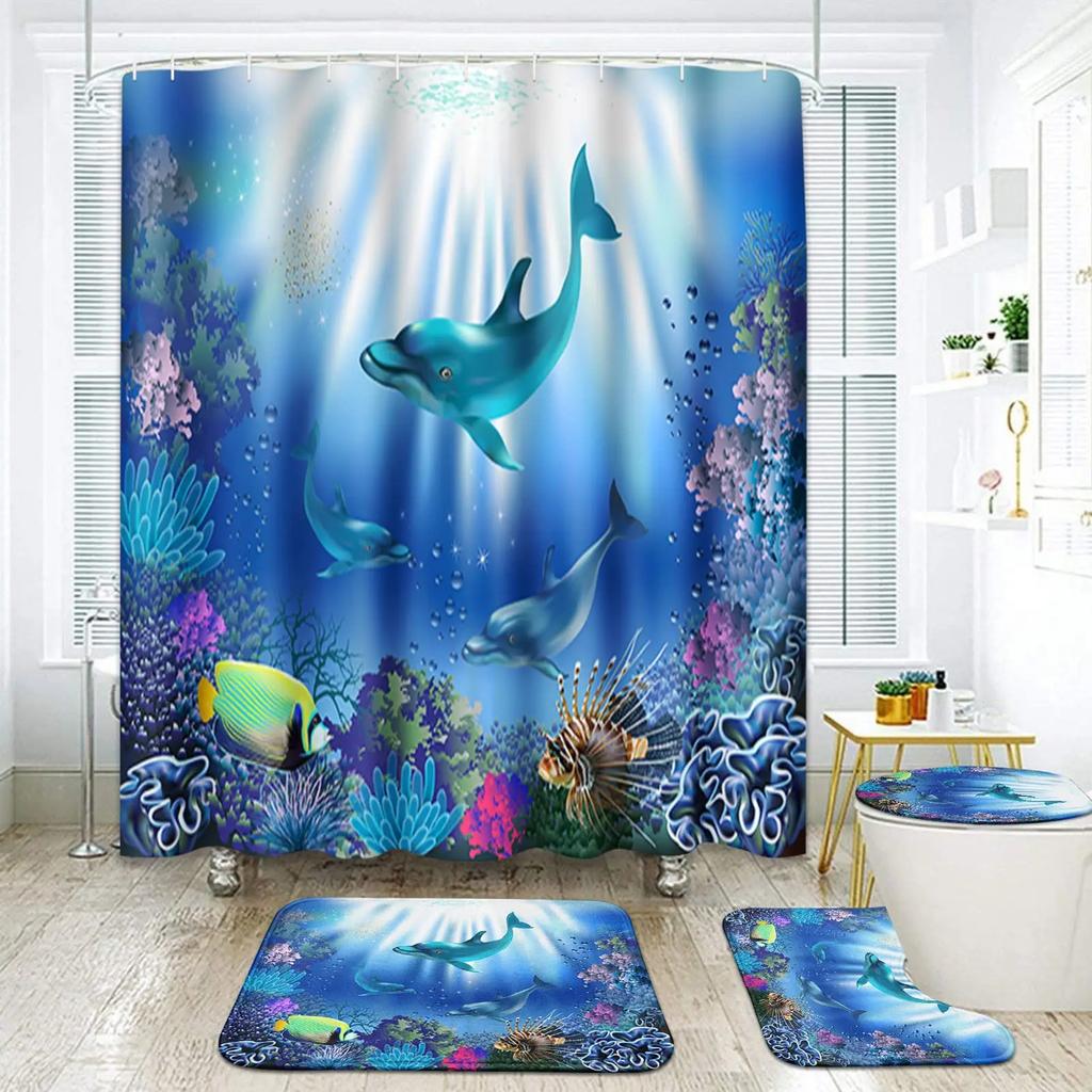 Deep Ocean Dolphin 3D Printing Waterproof Fabric Shower Curtain Set Bathroom Curtains Toilet Cover Mat Non Slip Rug Home Decor