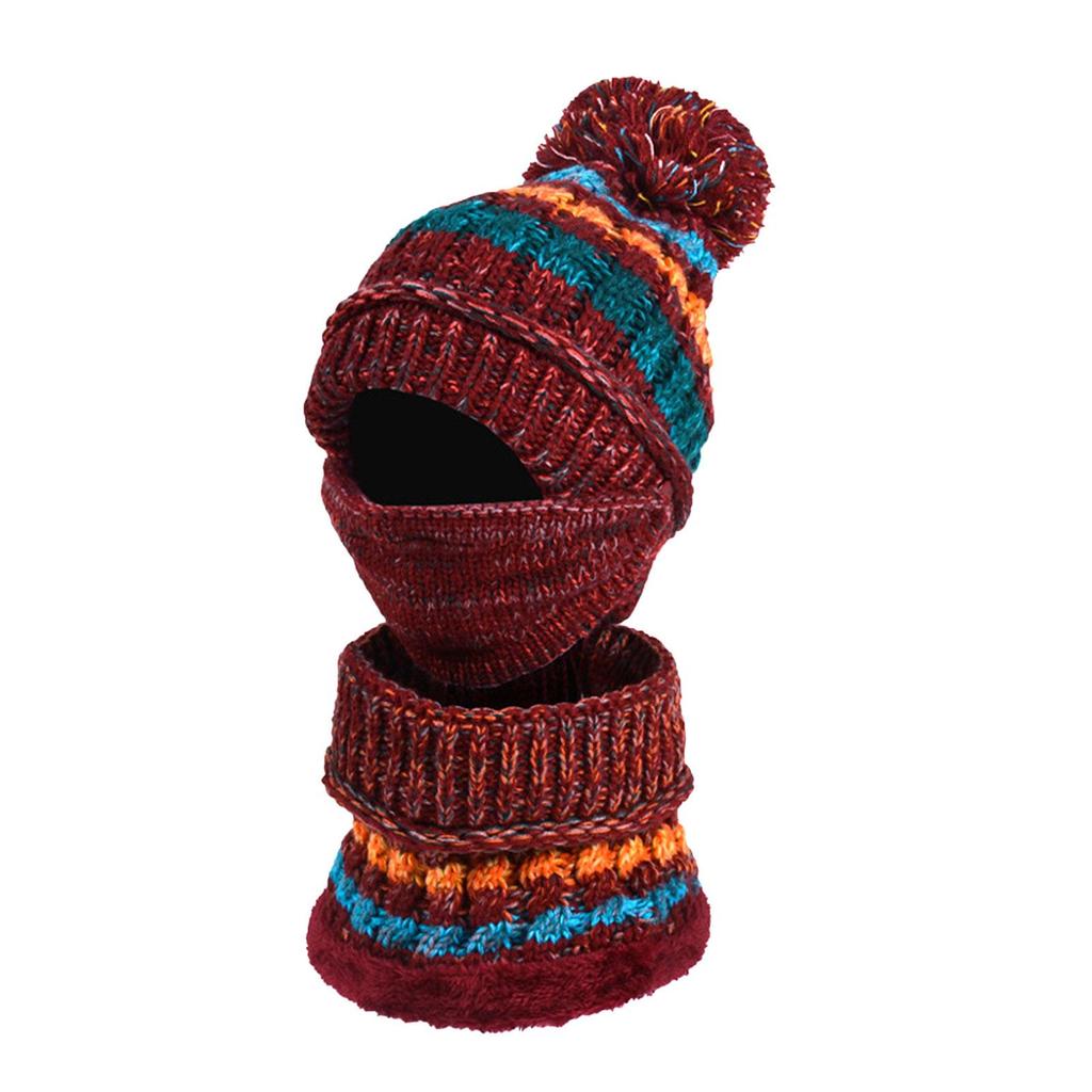 3 in 1 Winter Knitted Beanie Hat Face Cover Scarf Set Warm Fleece Lining  with Pompom for Women Girls