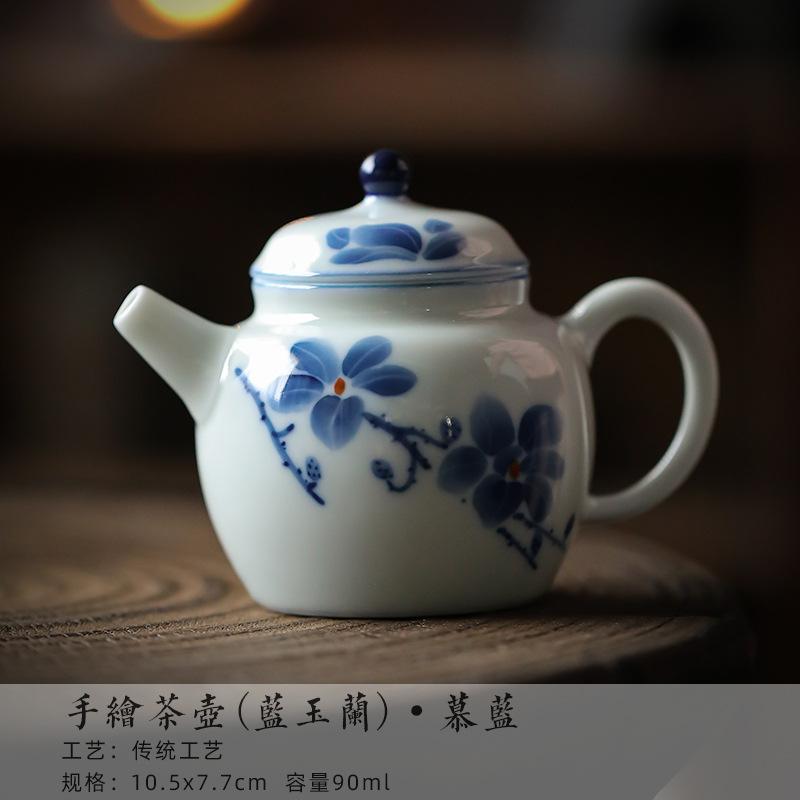 90ml Hand-painted Blue Magnolia Teapot Household Small Size Teapot Retro Pot Tea Brewing Kettle Tea Services Supplies Collection