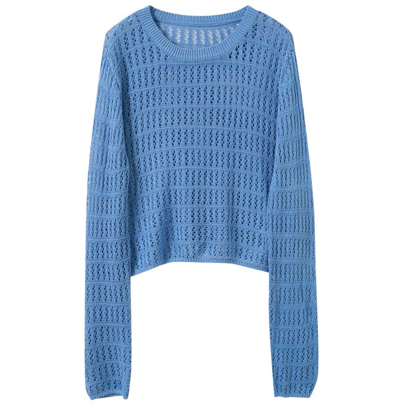 Openwork Knit Round Neck Long Sleeve Loose Short Blouse