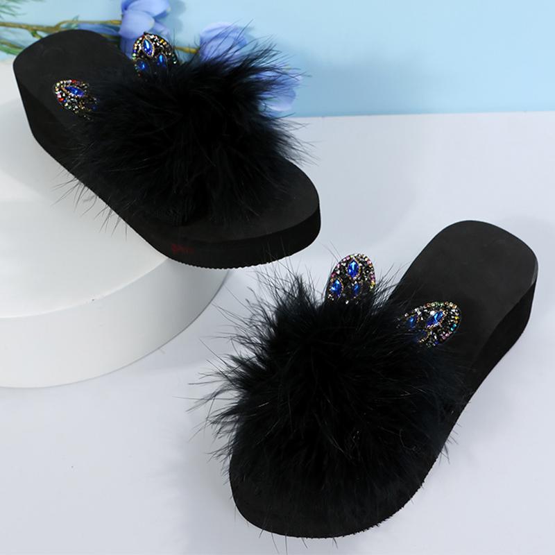 Fashion Faux Fur Wedges Slippers for Women Spring Autumn Fashion Crystal Detor Platform Slides Woman Slip On Open Toe Slippers Female
