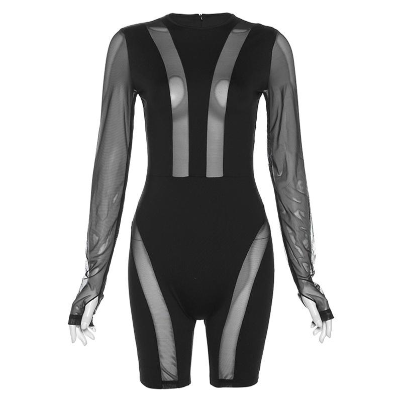 

Летний новый женский модный комбинезон с круглым вырезом, длинными рукавами, сексуальной сеткой, прозрачный, приталенный L чёрный