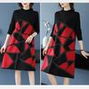 Autumn Winter Women's Plus Size Sweater Dress Loose Pullover Color-Block Knit Midi Dress Thick A-line Sweater Dress