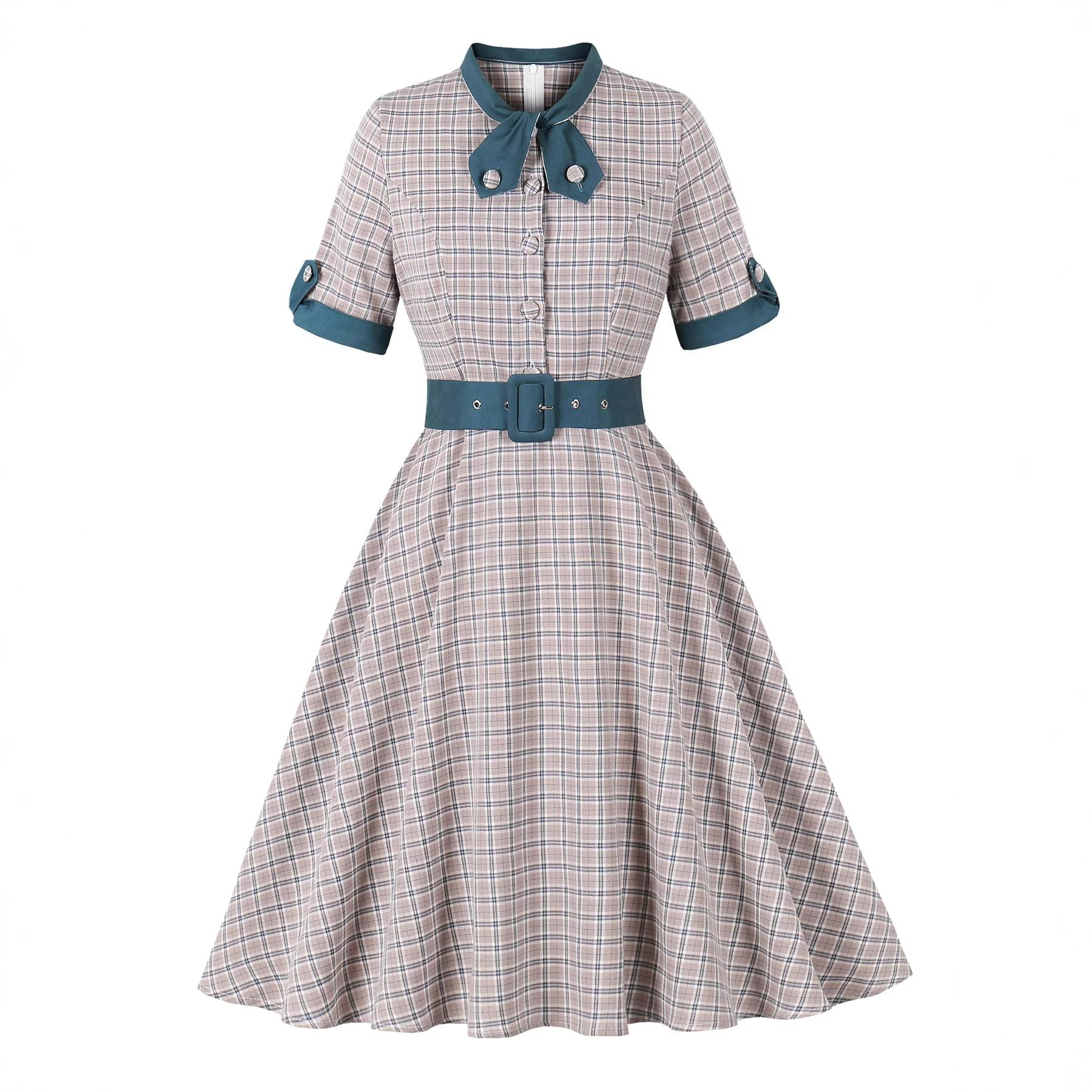 Women s Fashion: Vintage-Style Color-Blocked Collar Elegant Checkered Dress For Summer L