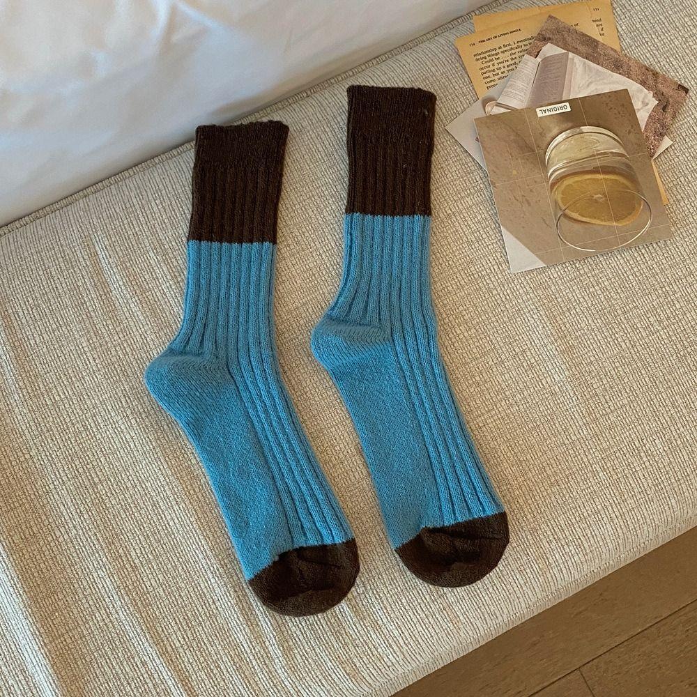 Colour Blocking Mid-Calf Wool Socks Retro Outdoor Wear Short Socks Mid Tube Socks Autumn Winter