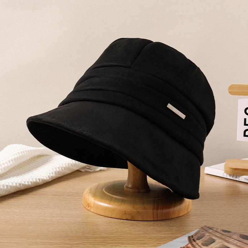 Hat Women's Autumn and Winter New Metal Standard Suede Cap Big Head Circumference Versatile Bucket Hat Shows a Small Face