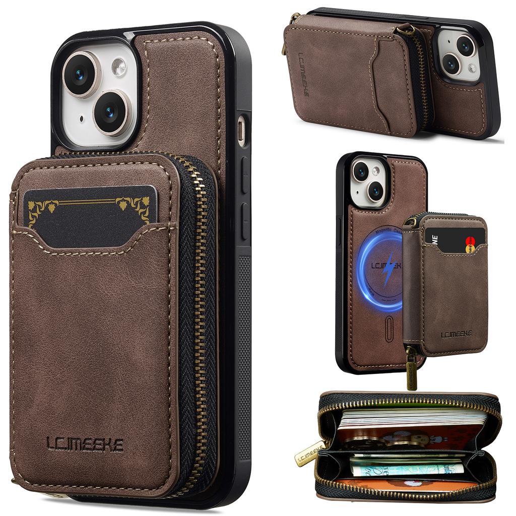 LC.IMEEKE L6 For iPhone 13 Mini/12 Mini Magnetic Case Detachable Zipper Wallet Leather Coated PC + TPU Phone Cover