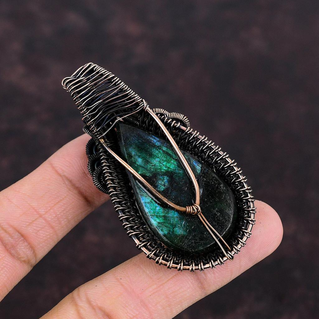 Green Fire Labradorite Pendant Copper Wire Wrapped Pendant Handmade Pendant Copper Jewelry Gemstone Pendant Wire Wrap Jewelry Gift For Mom