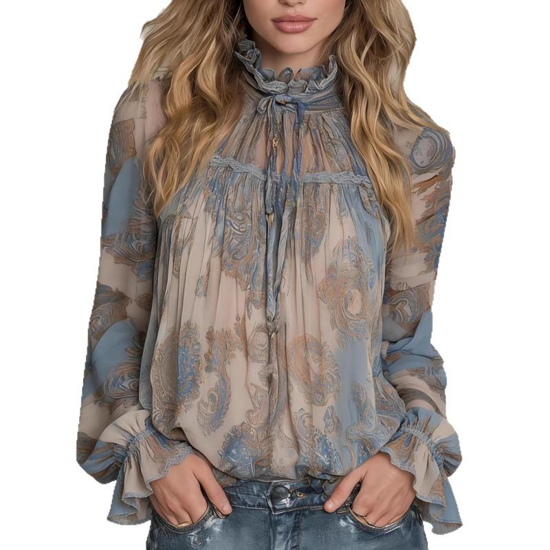 Spring and Summer New Style Lantern Sleeve Lace-up Top Floral Print Holiday Style Shirt