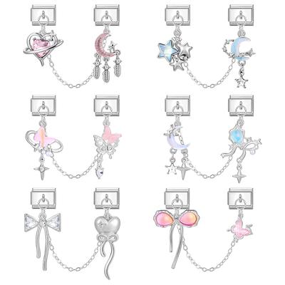 Y2K Zircon Moon Bow Star Pink Heart Tassel Chain Italian Charm Links Fit 9MM Stainless Steel Bracelet Women DIY Making Jewelry