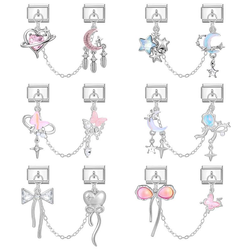 Y2K Zircon Moon Bow Star Pink Heart Tassel Chain Italian Charm Links Fit 9MM Stainless Steel Bracelet Women DIY Making Jewelry