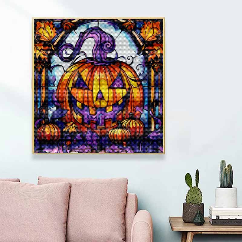 Diamond Painting Kit Halloween Pumpkin Stained Glass Design DIY 5D Full Drill Canvas Art Relaxing Bedroom Wall Decor Craft Home