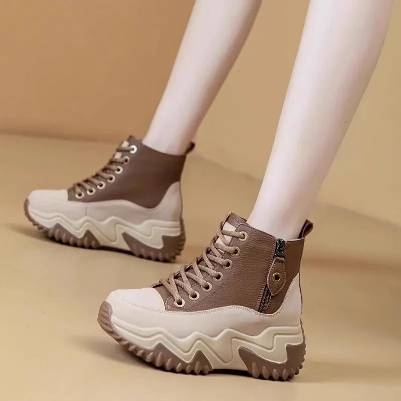 High-top Inner Heightening Women's Shoes, Wedge-heeled Short Boots, Casual Spring and Autumn Waterproof Non-slip Women's Boots